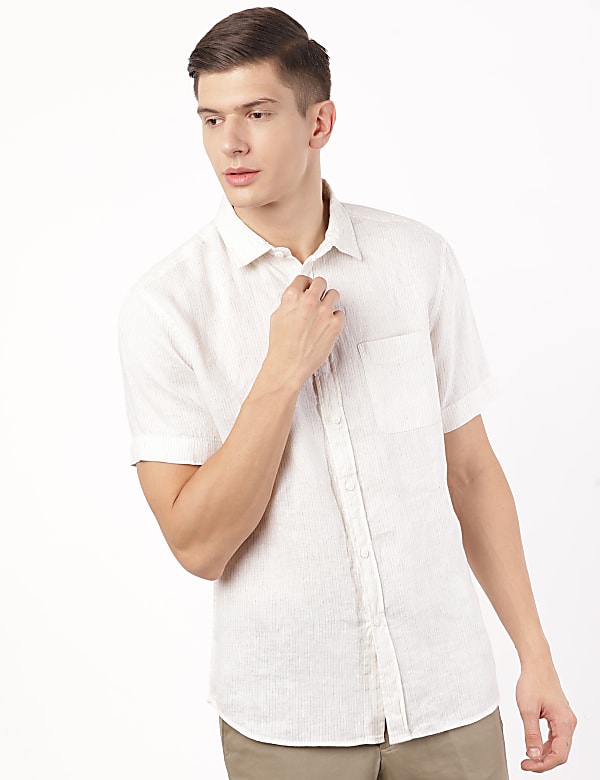 Pure Linen Striped Spread Collar Shirt