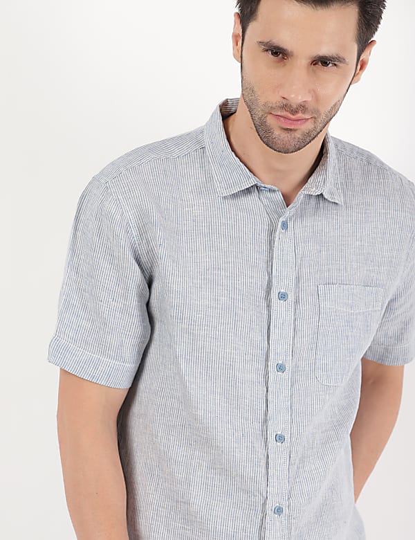 Pure Linen Striped Spread Collar Shirt