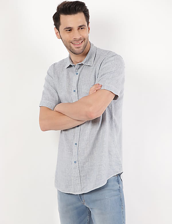 Pure Linen Striped Spread Collar Shirt