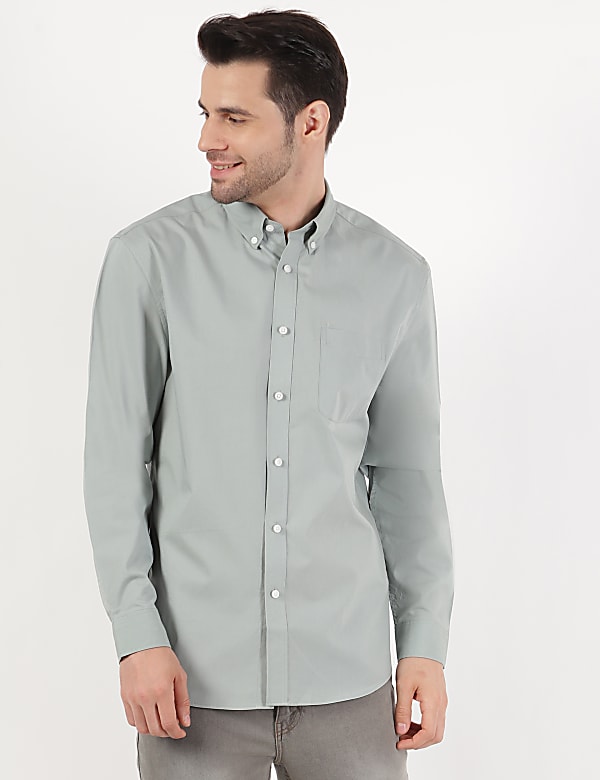 Pure Cotton Plain Button Down Collar Shirt