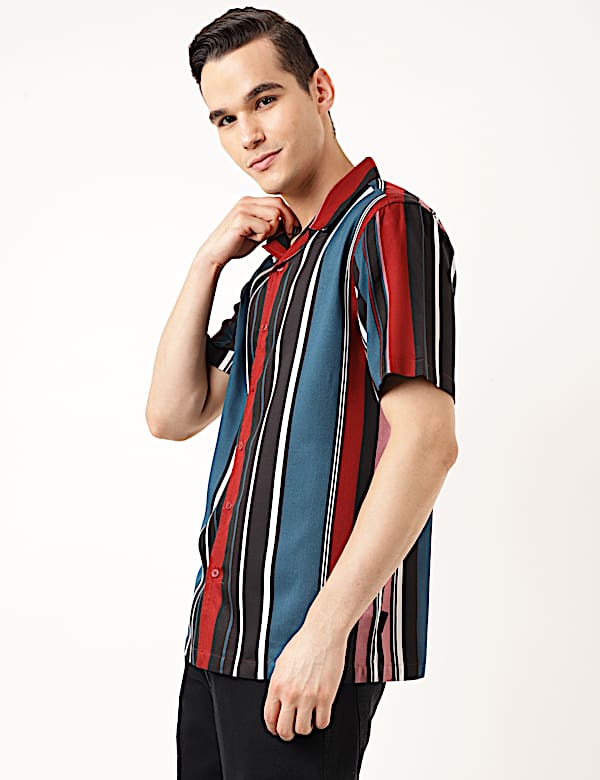 Pure Viscose Striped Spread Collar Shirt