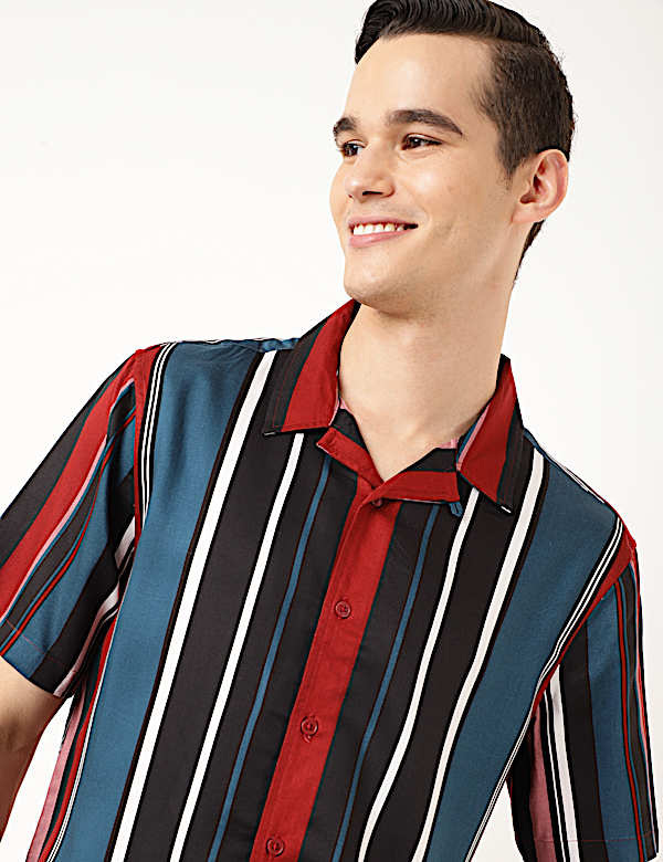 Pure Viscose Striped Spread Collar Shirt