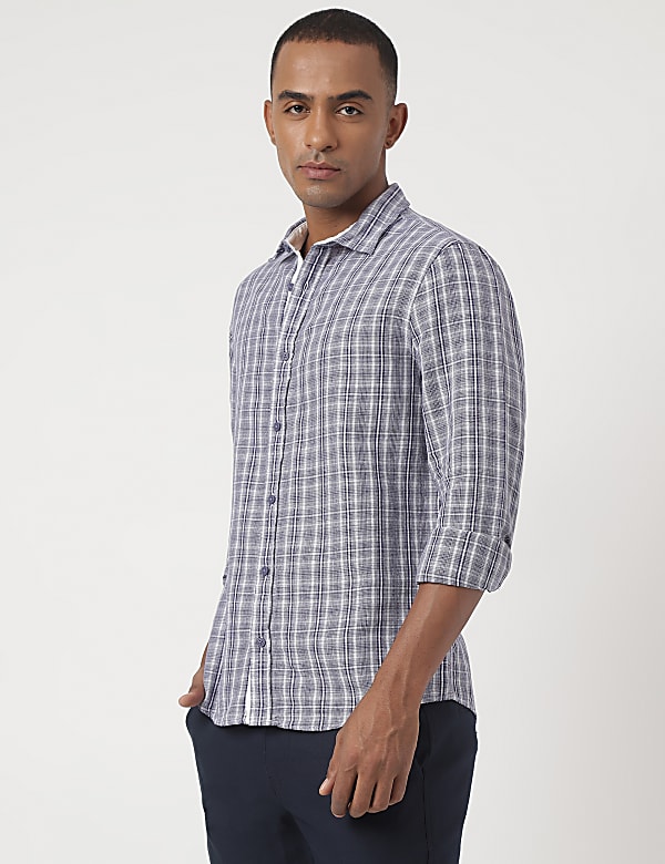 Linen Mix Checked Spread Collar Shirt