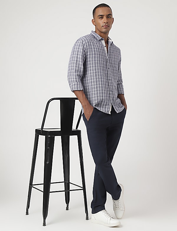 Linen Mix Checked Spread Collar Shirt