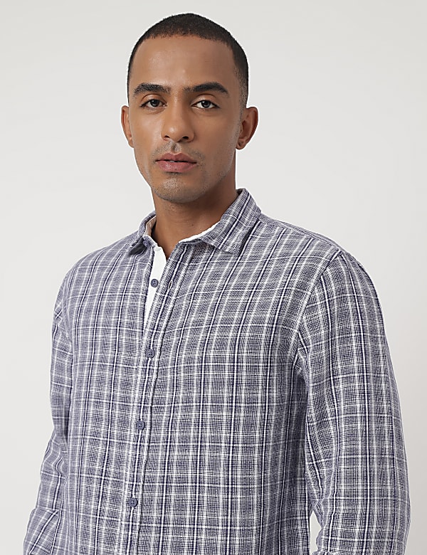 Linen Mix Checked Spread Collar Shirt