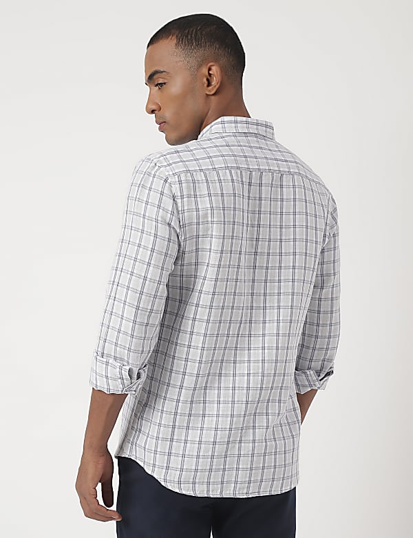 Linen Mix Checked Spread Collar Shirt