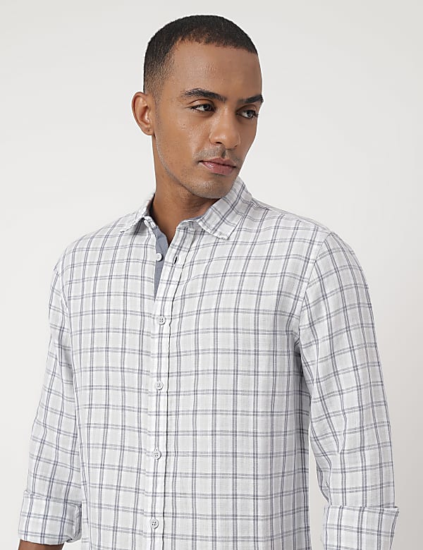 Linen Mix Checked Spread Collar Shirt