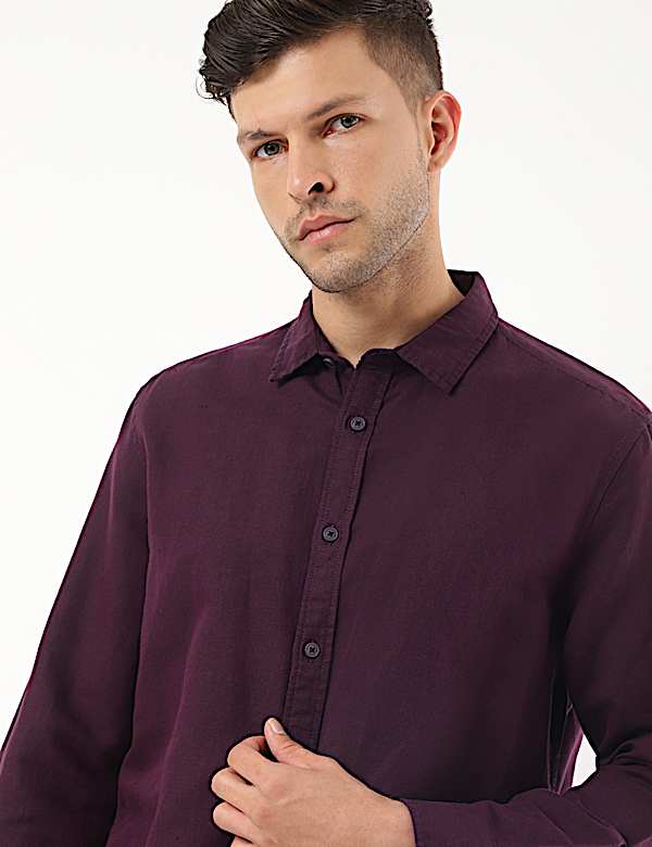 Linen Mix Plain Spread Collar Shirt