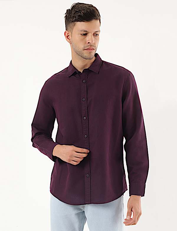 Linen Mix Plain Spread Collar Shirt