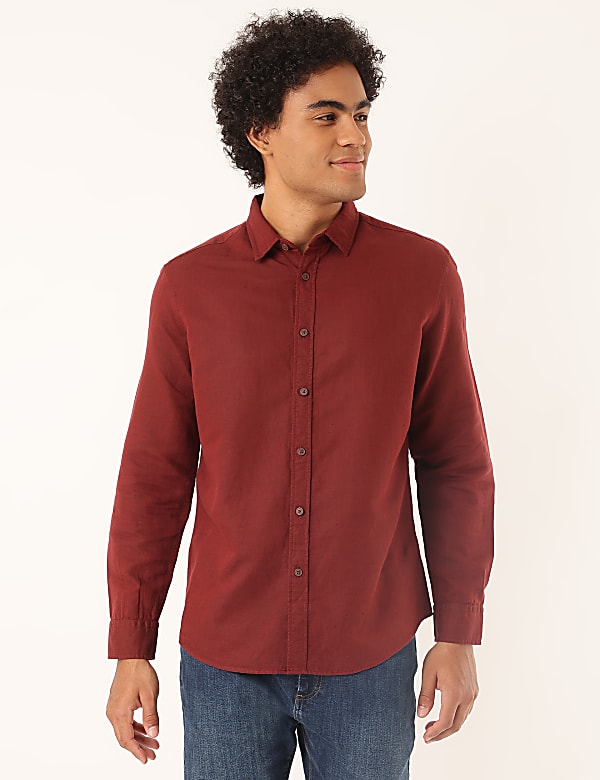 Linen Mix Plain Spread Collar Shirt