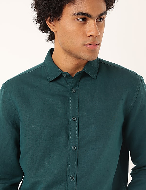 Linen Mix Plain Spread Collar Shirt