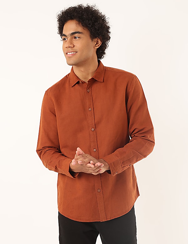 Linen Mix Plain Spread Collar Shirt