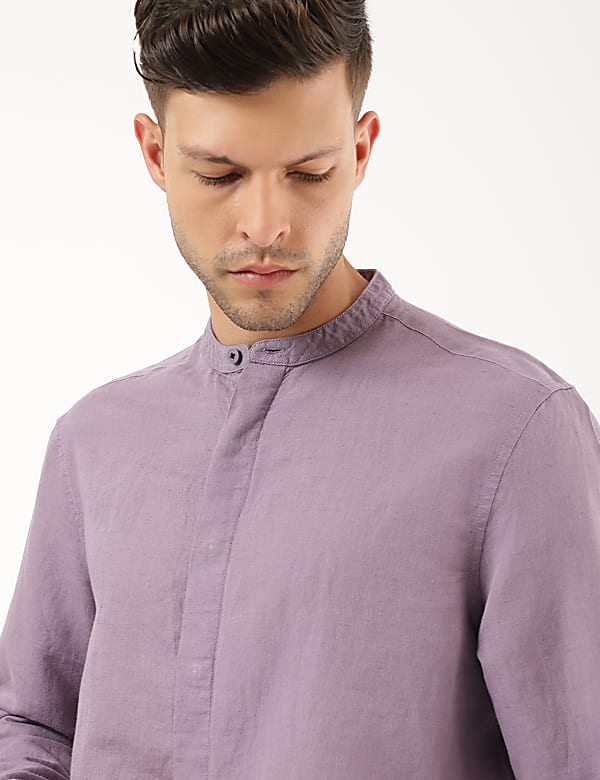 Linen Mix Plain Mandarin Collar Shirt