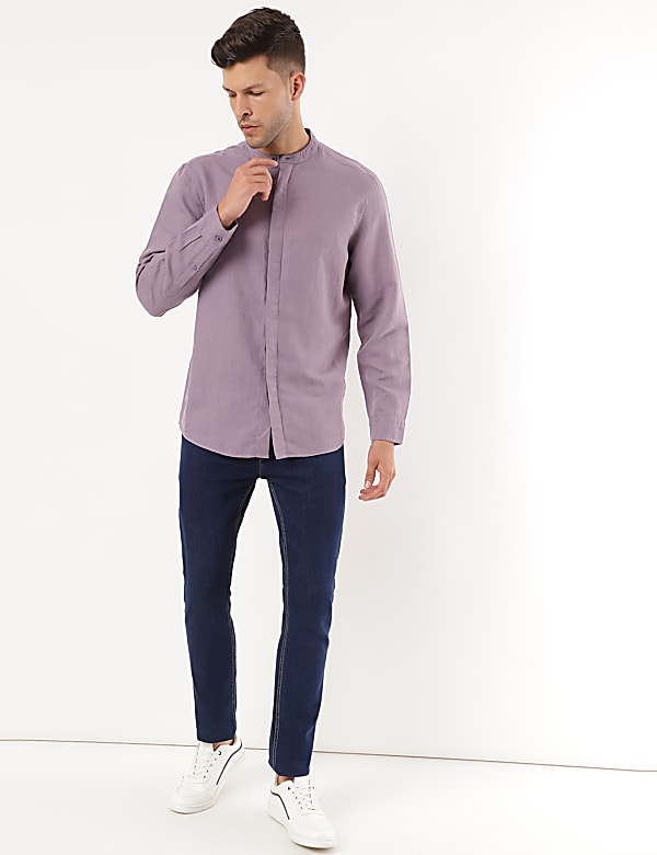 Linen Mix Plain Mandarin Collar Shirt