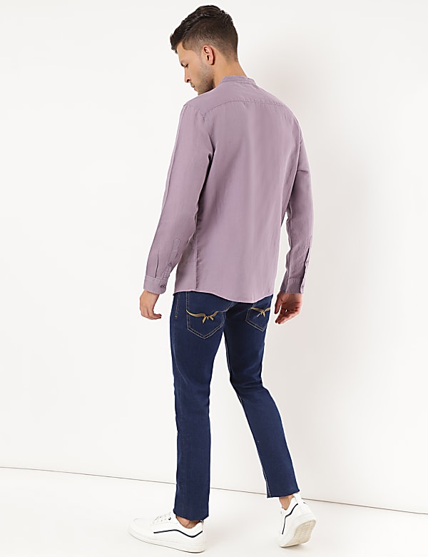Linen Mix Plain Mandarin Collar Shirt