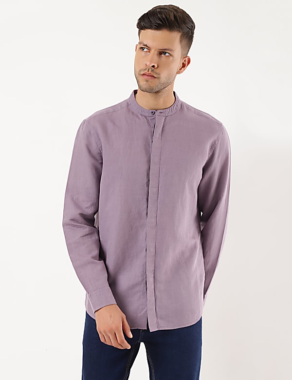 Linen Mix Plain Mandarin Collar Shirt