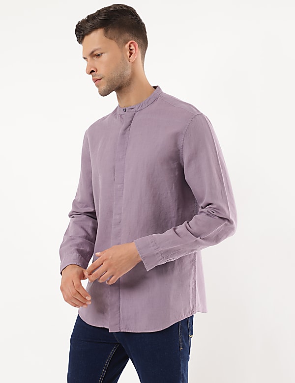 Linen Mix Plain Mandarin Collar Shirt
