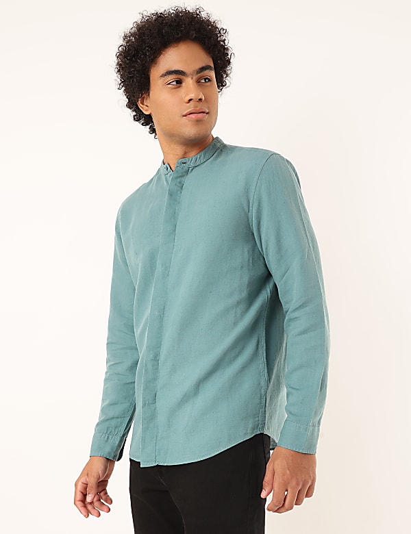 Linen Mix Plain Mandarin Collar Shirt
