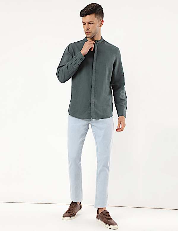 Linen Mix Plain Mandarin Collar Shirt