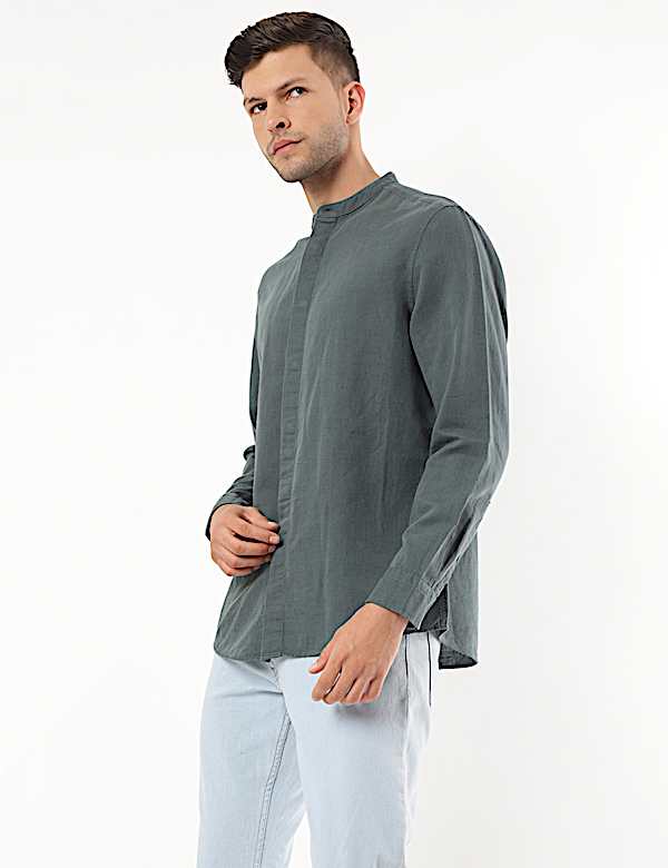 Linen Mix Plain Mandarin Collar Shirt