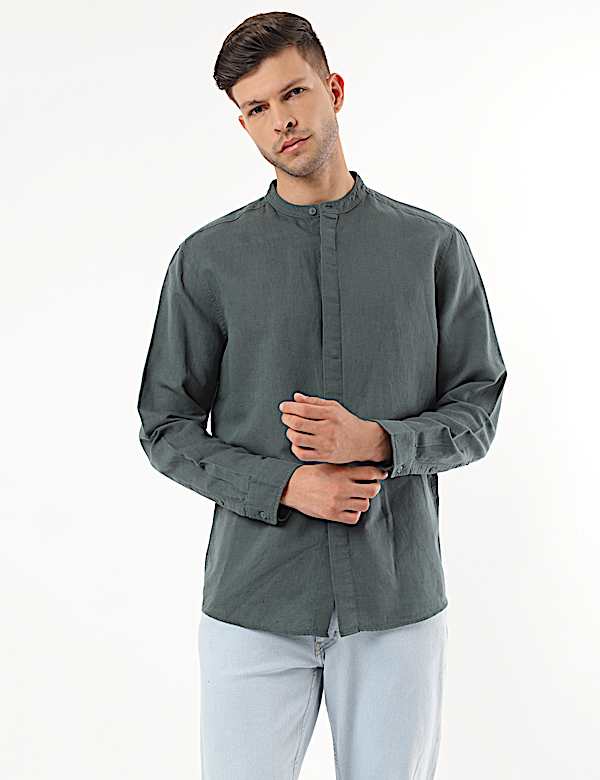 Linen Mix Plain Mandarin Collar Shirt