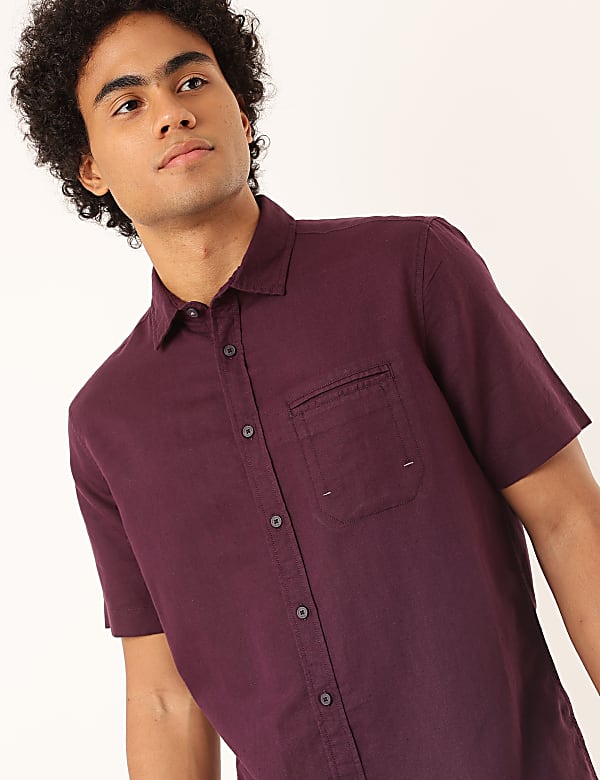 Linen Mix Plain Spread Collar Shirt