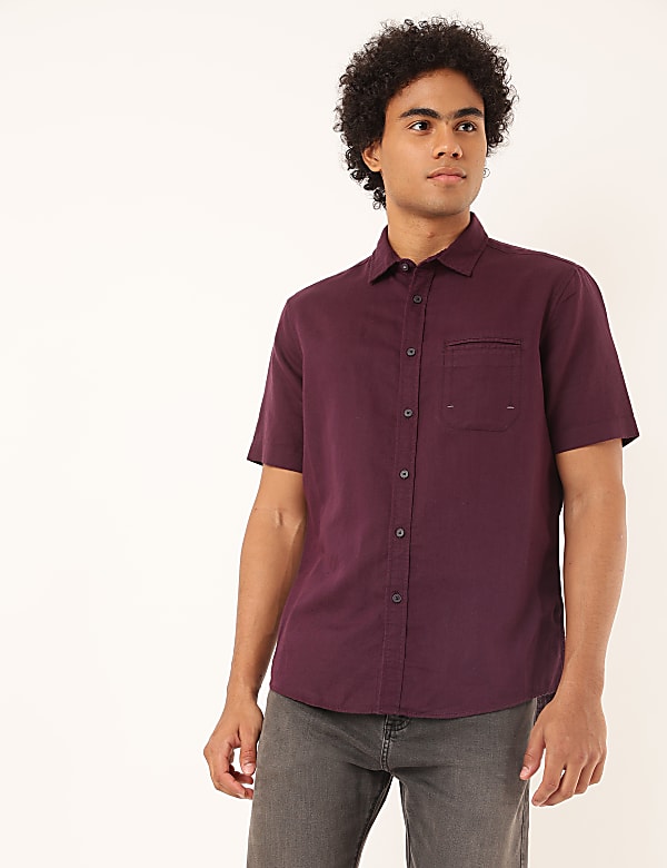 Linen Mix Plain Spread Collar Shirt