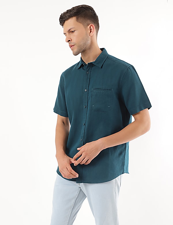 Linen Mix Plain Spread Collar Shirt