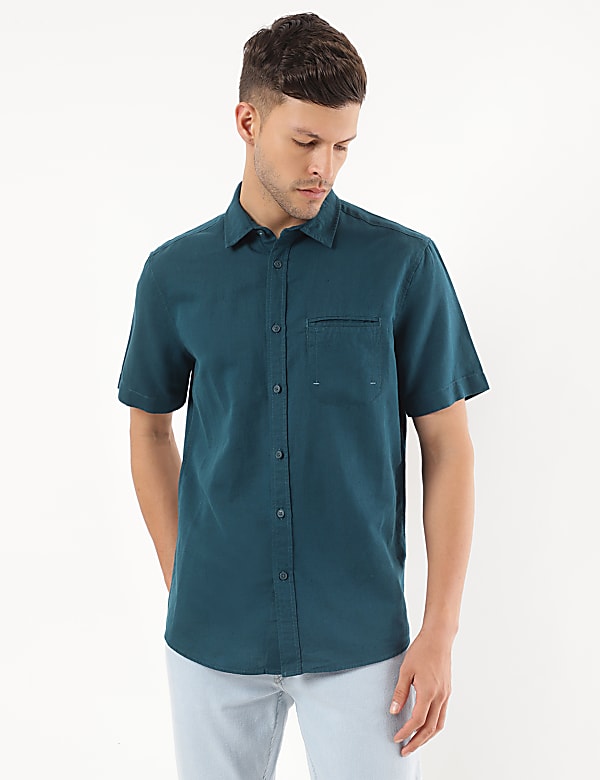 Linen Mix Plain Spread Collar Shirt