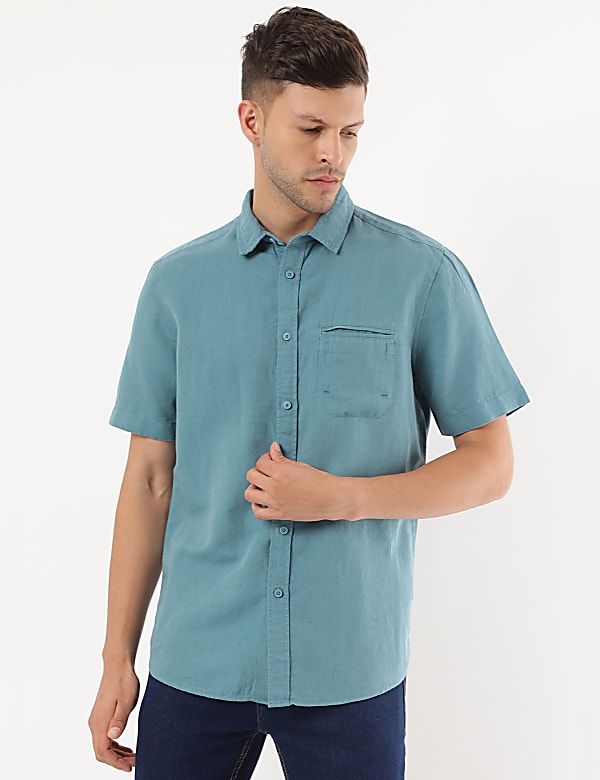 Linen Mix Plain Spread Collar Shirt