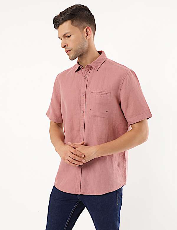 Linen Mix Plain Spread Collar Shirt