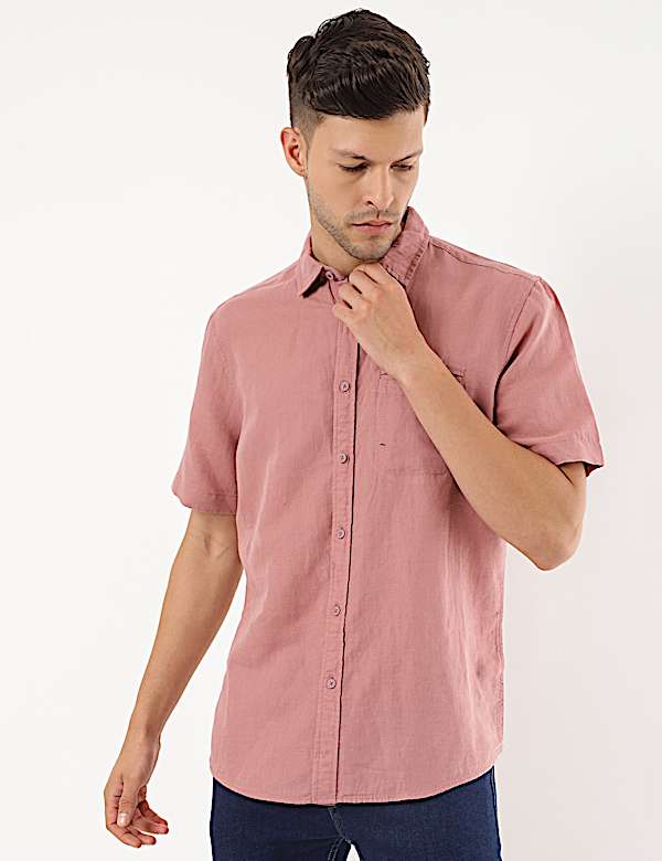 Linen Mix Plain Spread Collar Shirt