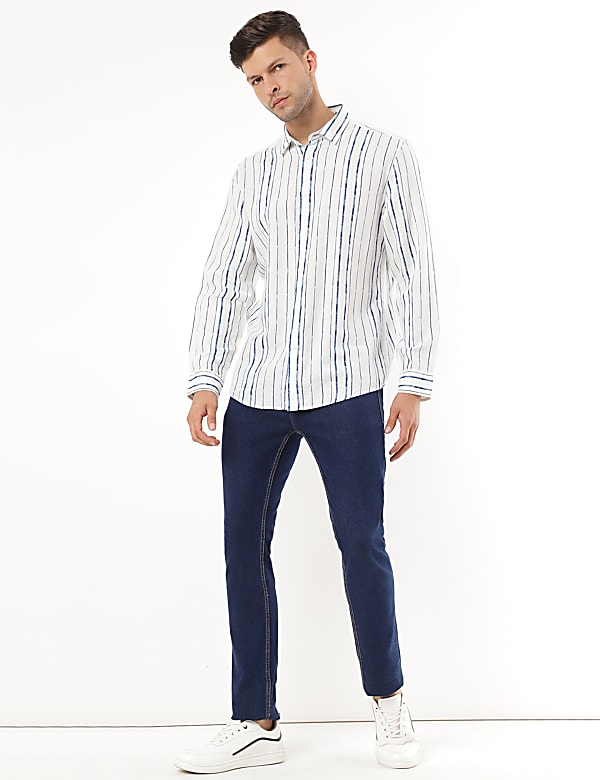 Linen Mix Striped Spread Collar Shirt