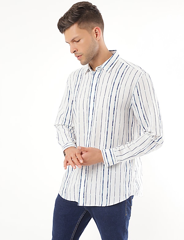 Linen Mix Striped Spread Collar Shirt