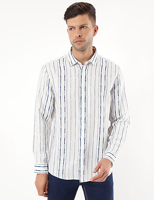 Linen Mix Striped Spread Collar Shirt