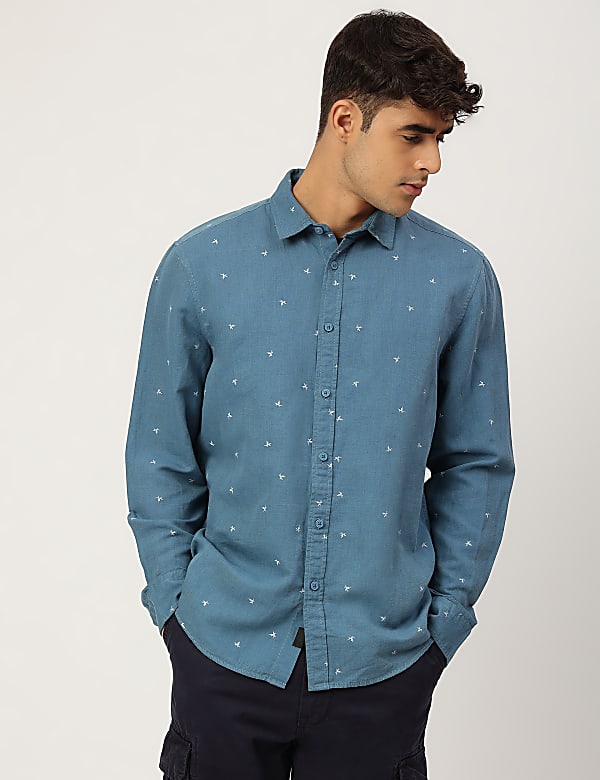Linen Mix Printed Spread Collar Shirt
