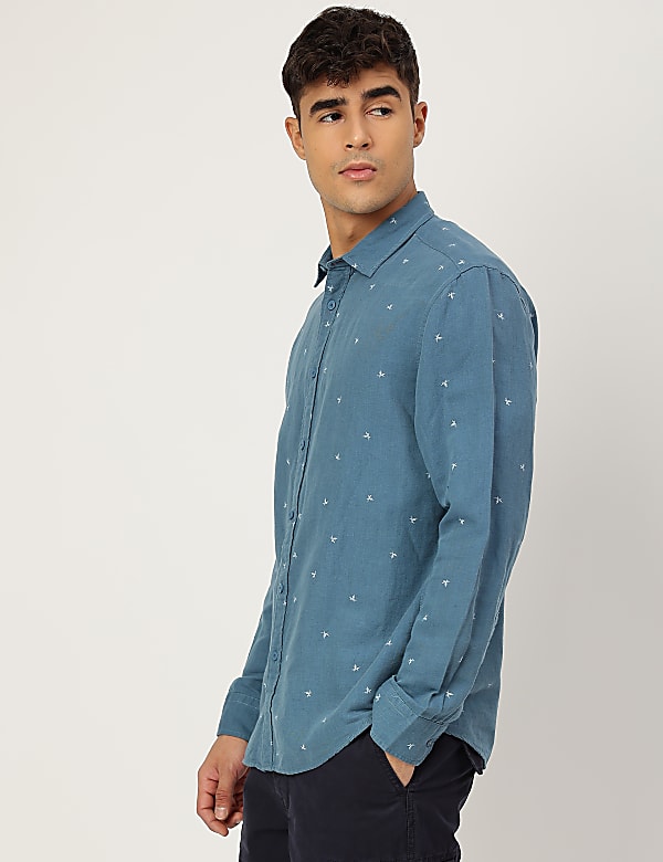 Linen Mix Printed Spread Collar Shirt