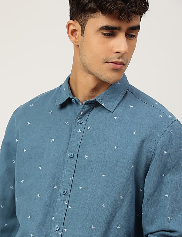 Linen Mix Printed Spread Collar Shirt
