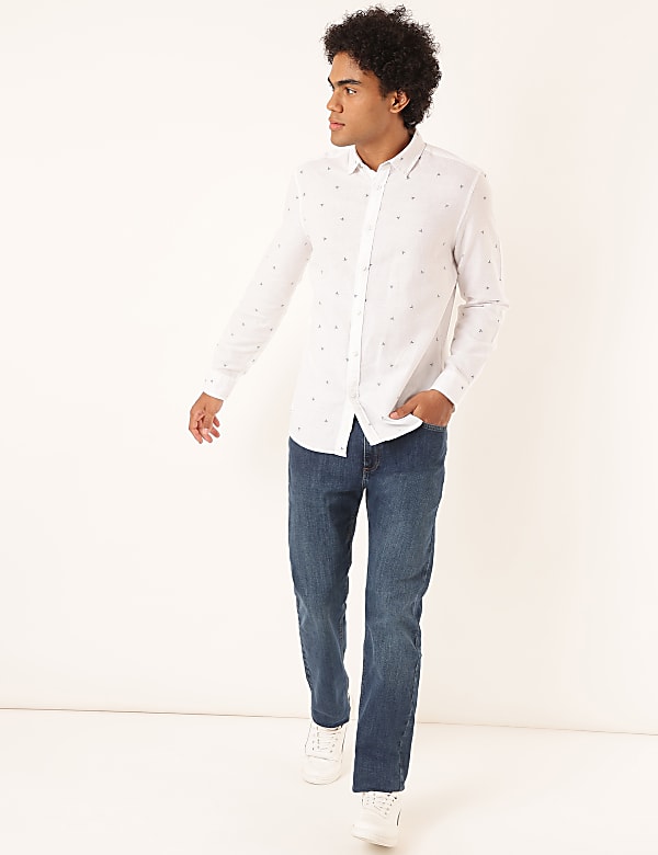 Linen Mix Printed Spread Collar Shirt
