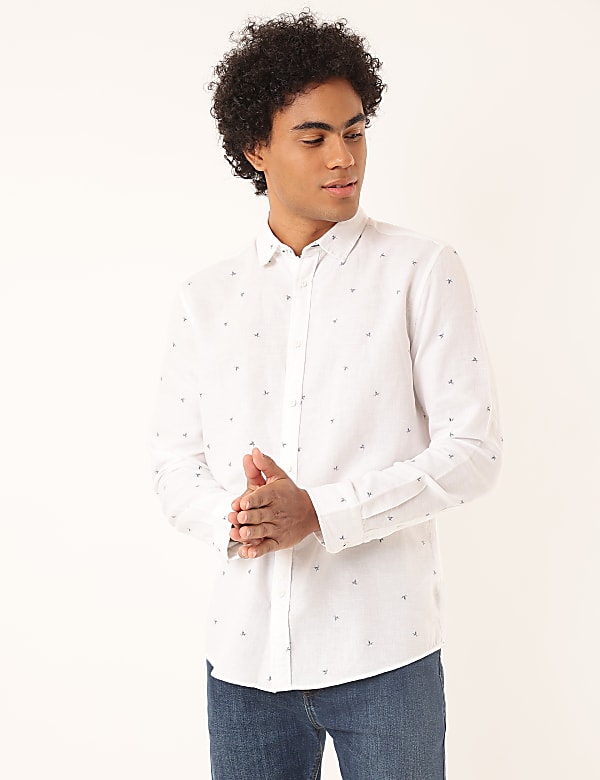 Linen Mix Printed Spread Collar Shirt
