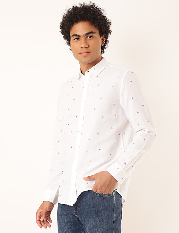 Linen Mix Printed Spread Collar Shirt