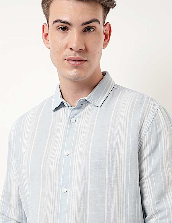 Linen Mix Striped Spread Collar Shirt