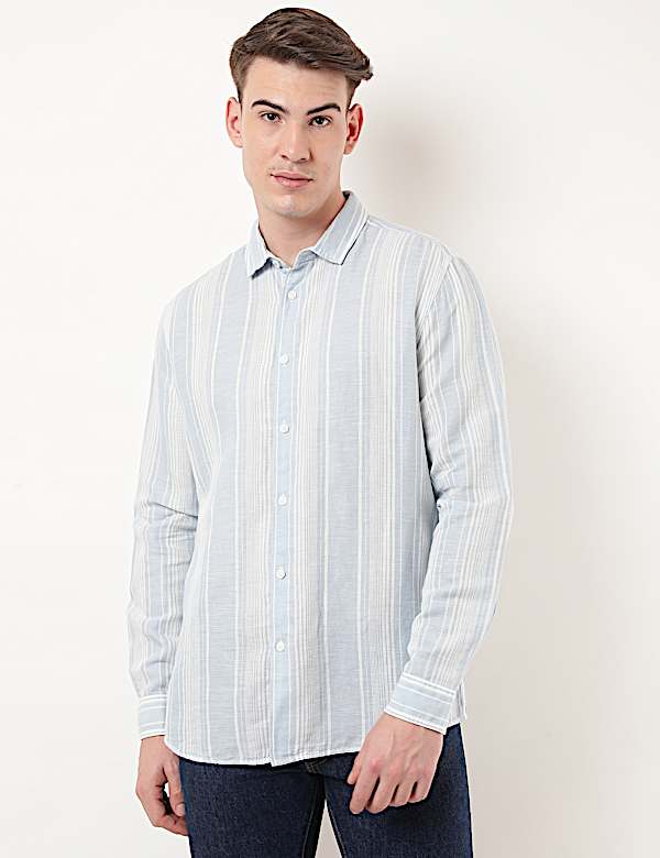 Linen Mix Striped Spread Collar Shirt