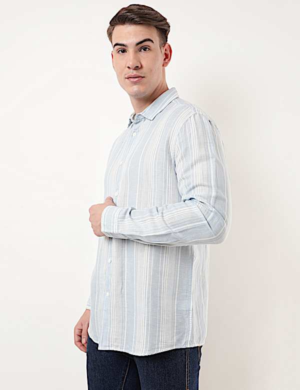 Linen Mix Striped Spread Collar Shirt