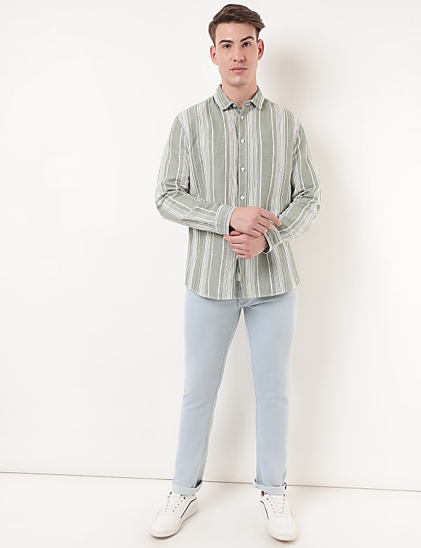 Linen Mix Striped Spread Collar Shirt