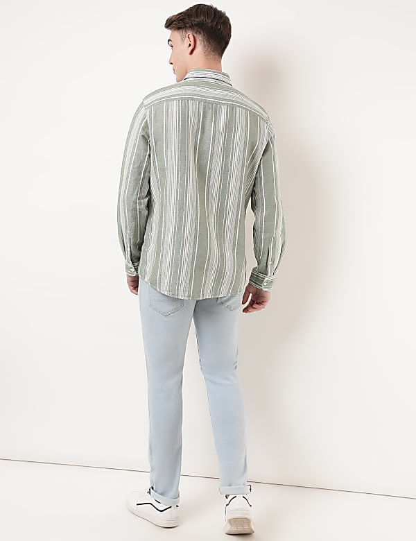 Linen Mix Striped Spread Collar Shirt