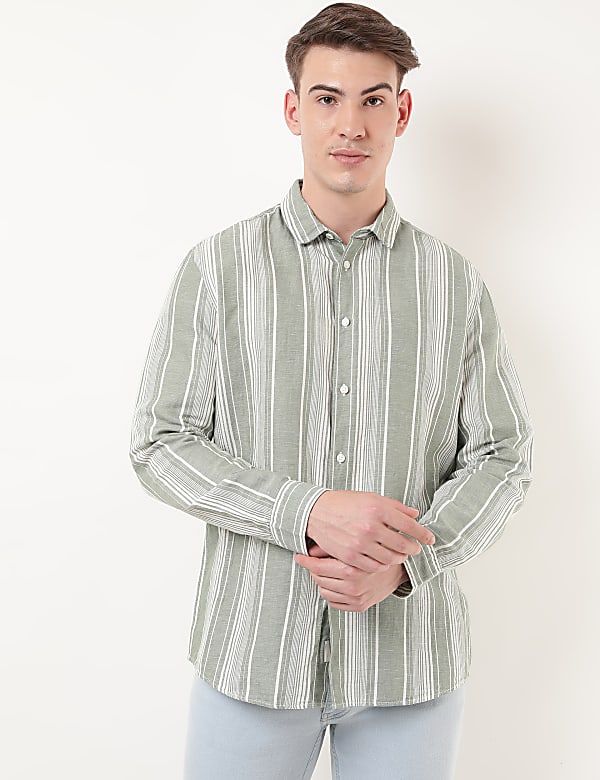 Linen Mix Striped Spread Collar Shirt