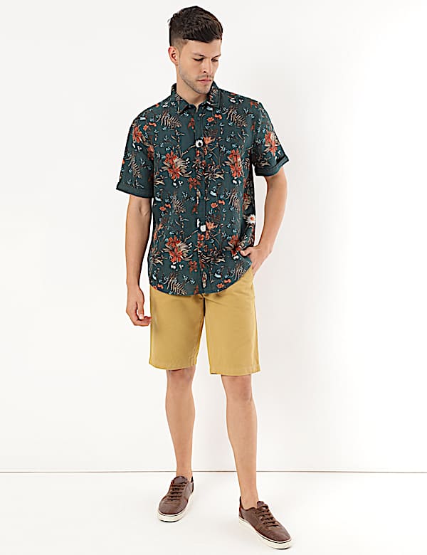Linen Mix Floral Print Spread Collar Shirt