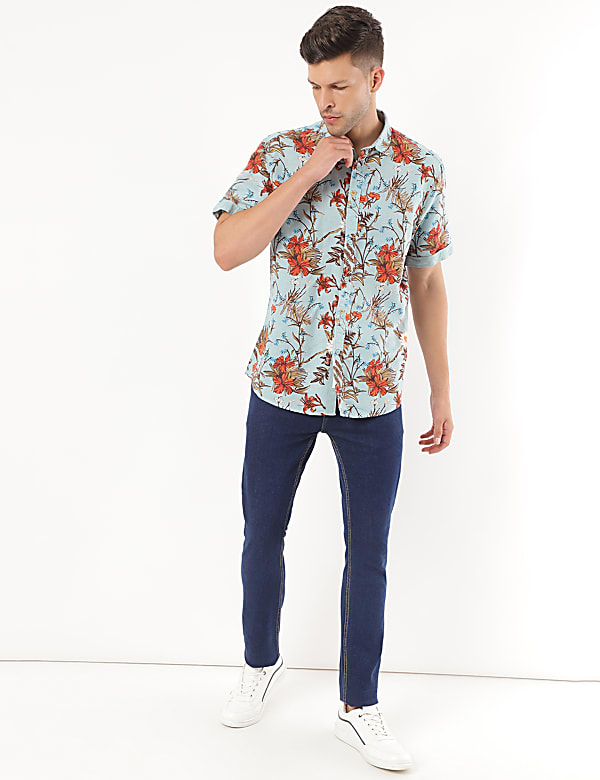Linen Mix Floral Print Spread Collar Shirt