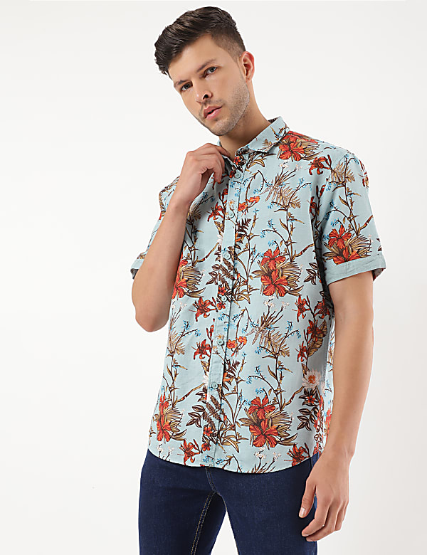 Linen Mix Floral Print Spread Collar Shirt